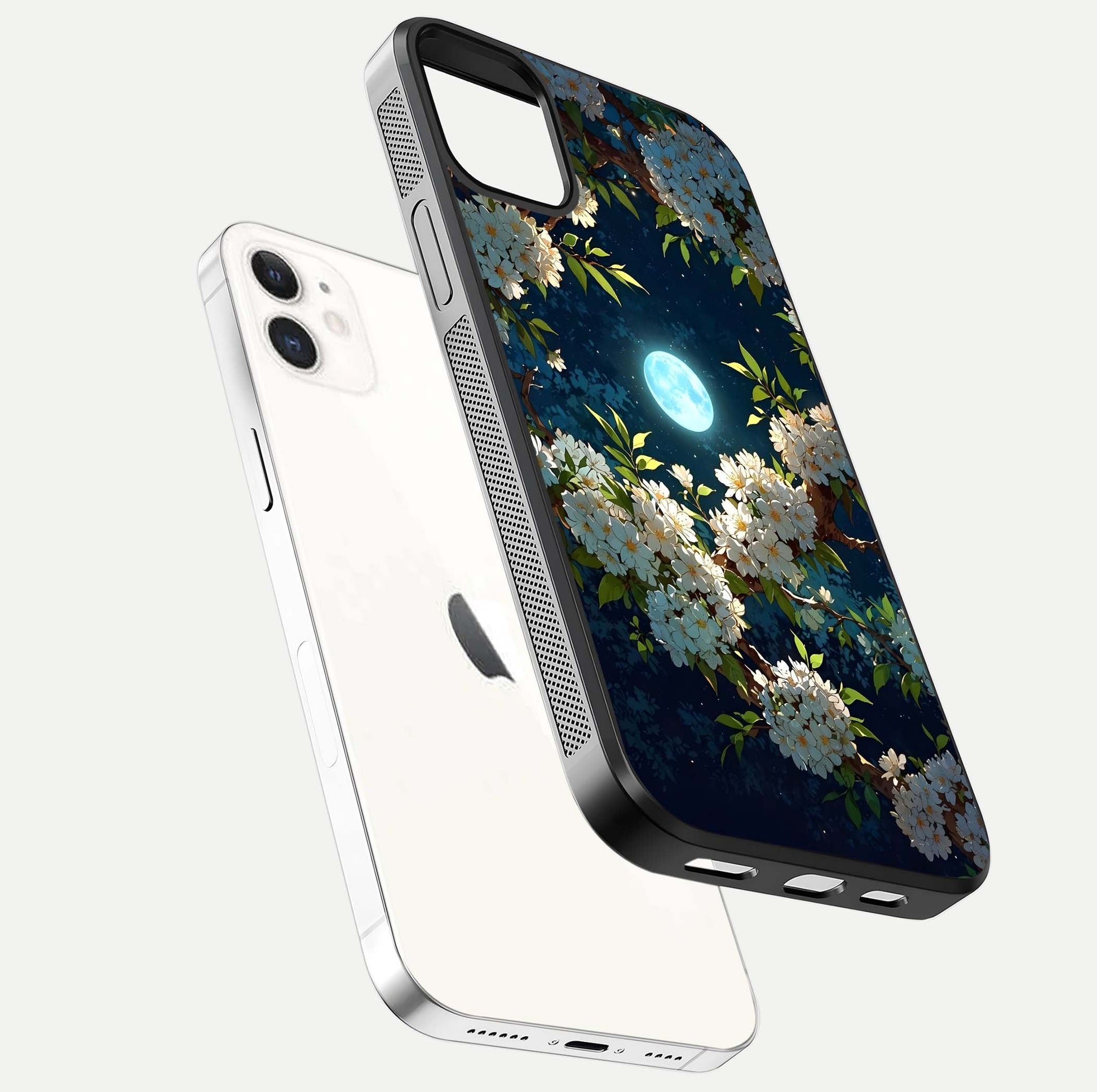 Moonlit Blossom Dream Glass Case for iPhone 12 Mini floating dual-view mockup showing gloss texture and floral tone