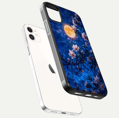 Moonlit Blossoms Night Glass Case for iPhone 12 Mini floating dual-view mockup showing HD gloss and floral contrast