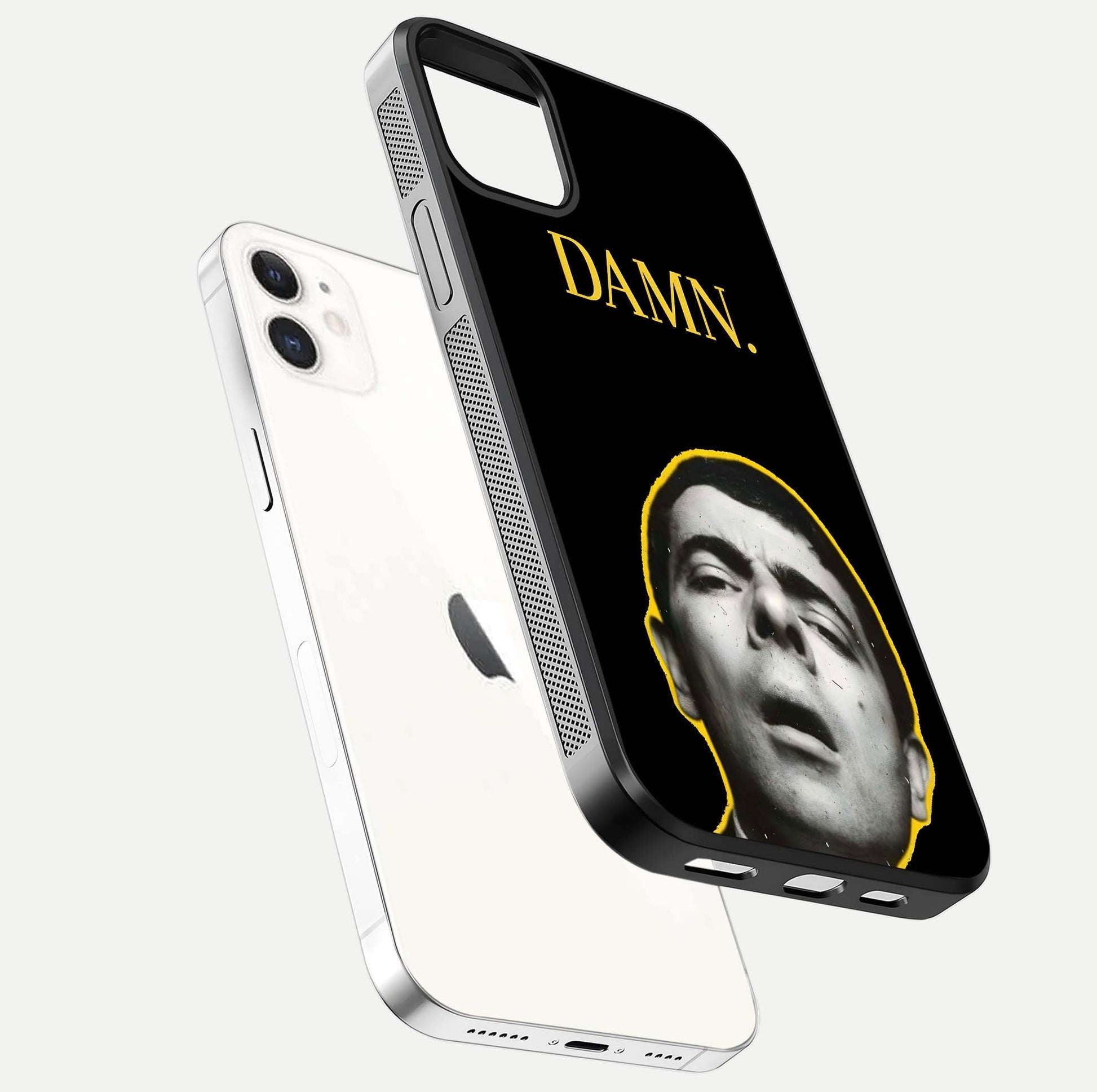 Mr Bean Damn Glass Case for iPhone 12 Mini floating dual-view mockup showing reflective gloss and vivid tones