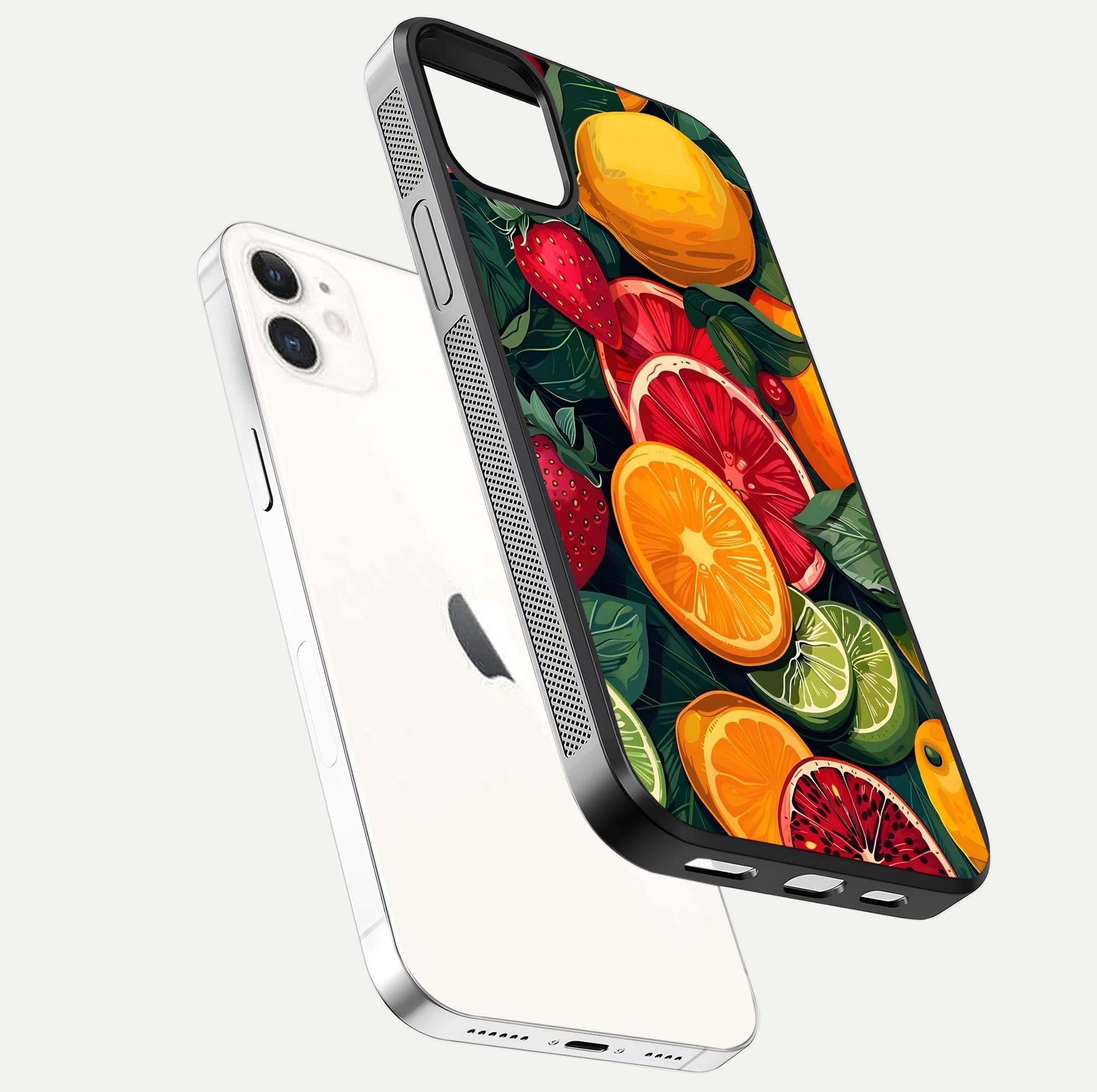 Multiple Fruits Glass Case for iPhone 12 Mini floating dual-view mockup showing reflection depth and freshness