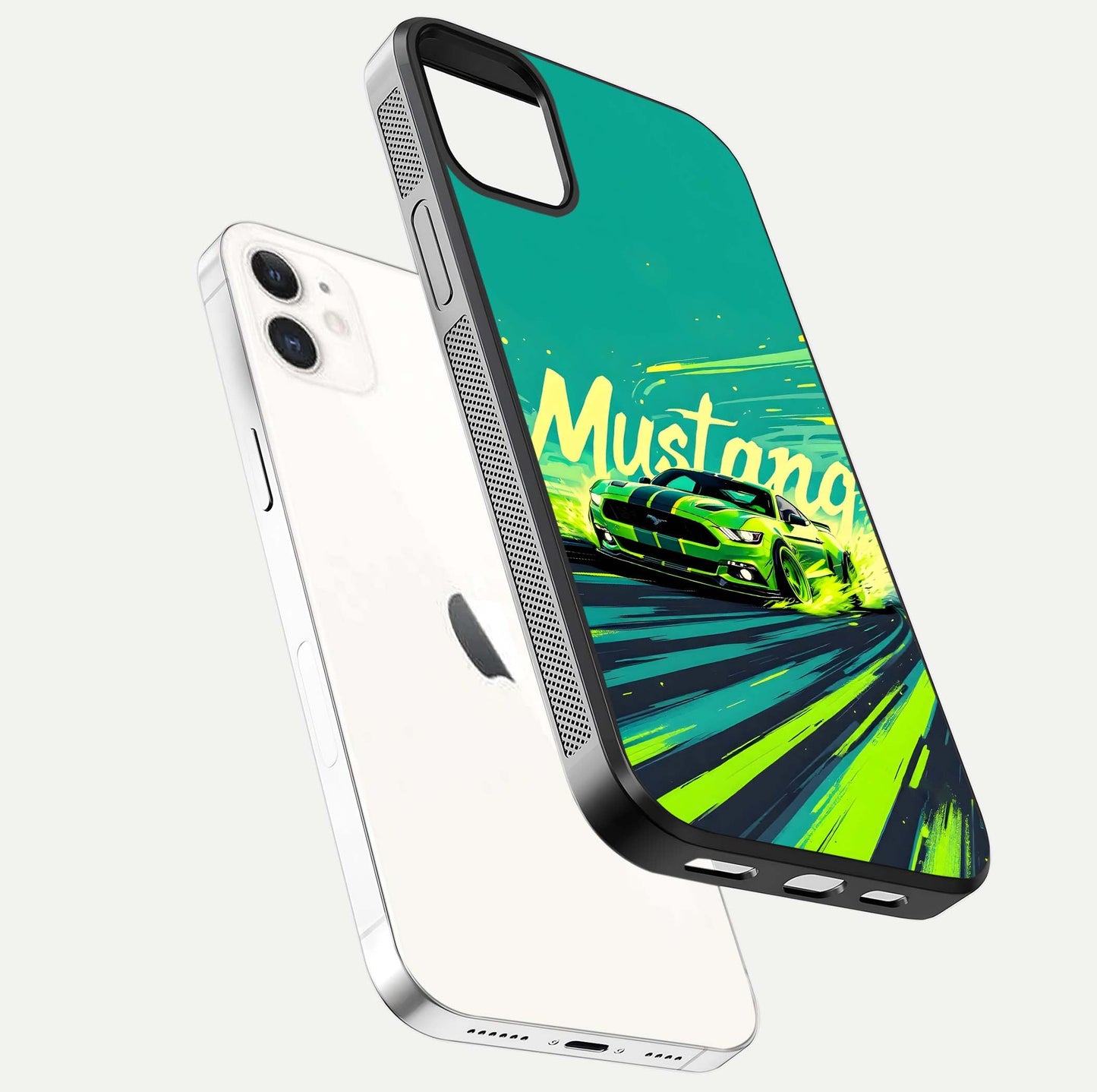 Mustang Bang Glass Case for iPhone 12 Mini floating dual-view mockup showing gloss depth and power design