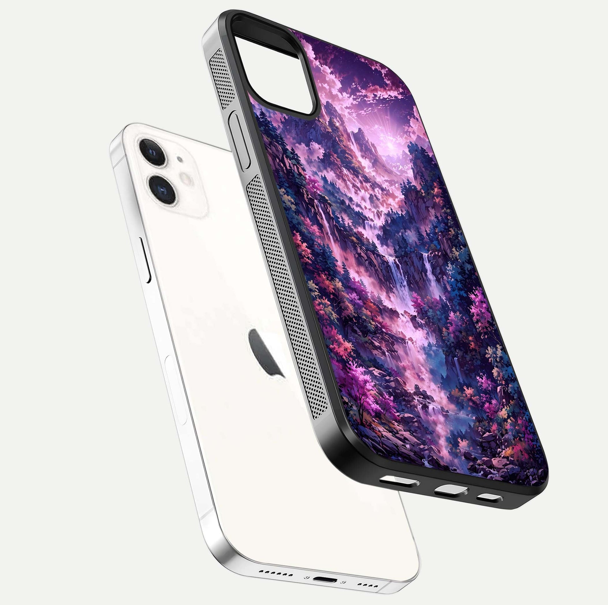 Mystic Cascade Peaks Glass Case for iPhone 12 Mini floating dual-view mockup showing gloss texture and depth
