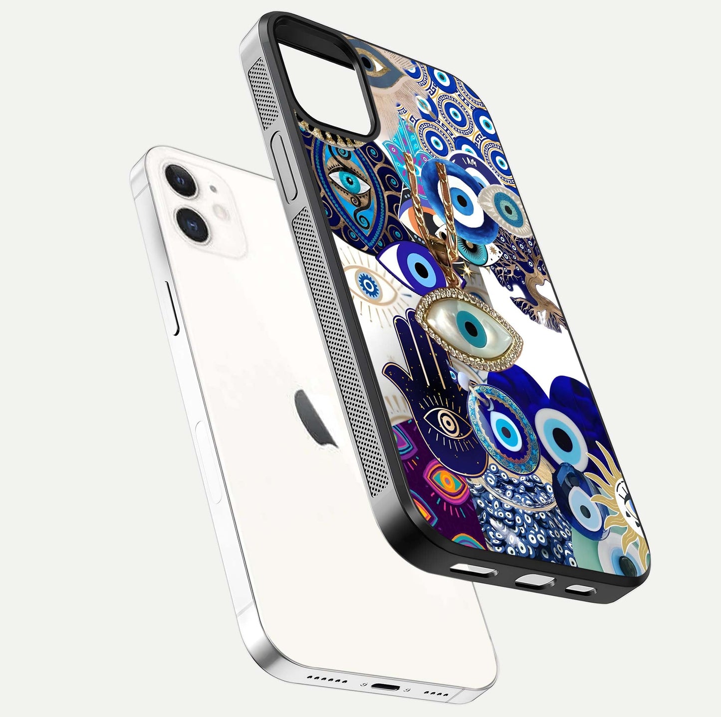 Mystic Charm Eye Glass Case for iPhone 12 Mini floating dual-view mockup showing gloss glow and charm symbol