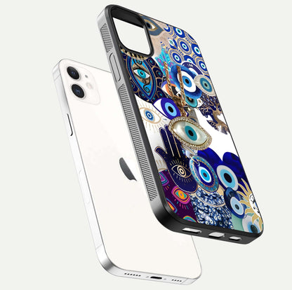 Mystic Charm Eye Glass Case for iPhone 12 Mini floating dual-view mockup showing gloss glow and charm symbol