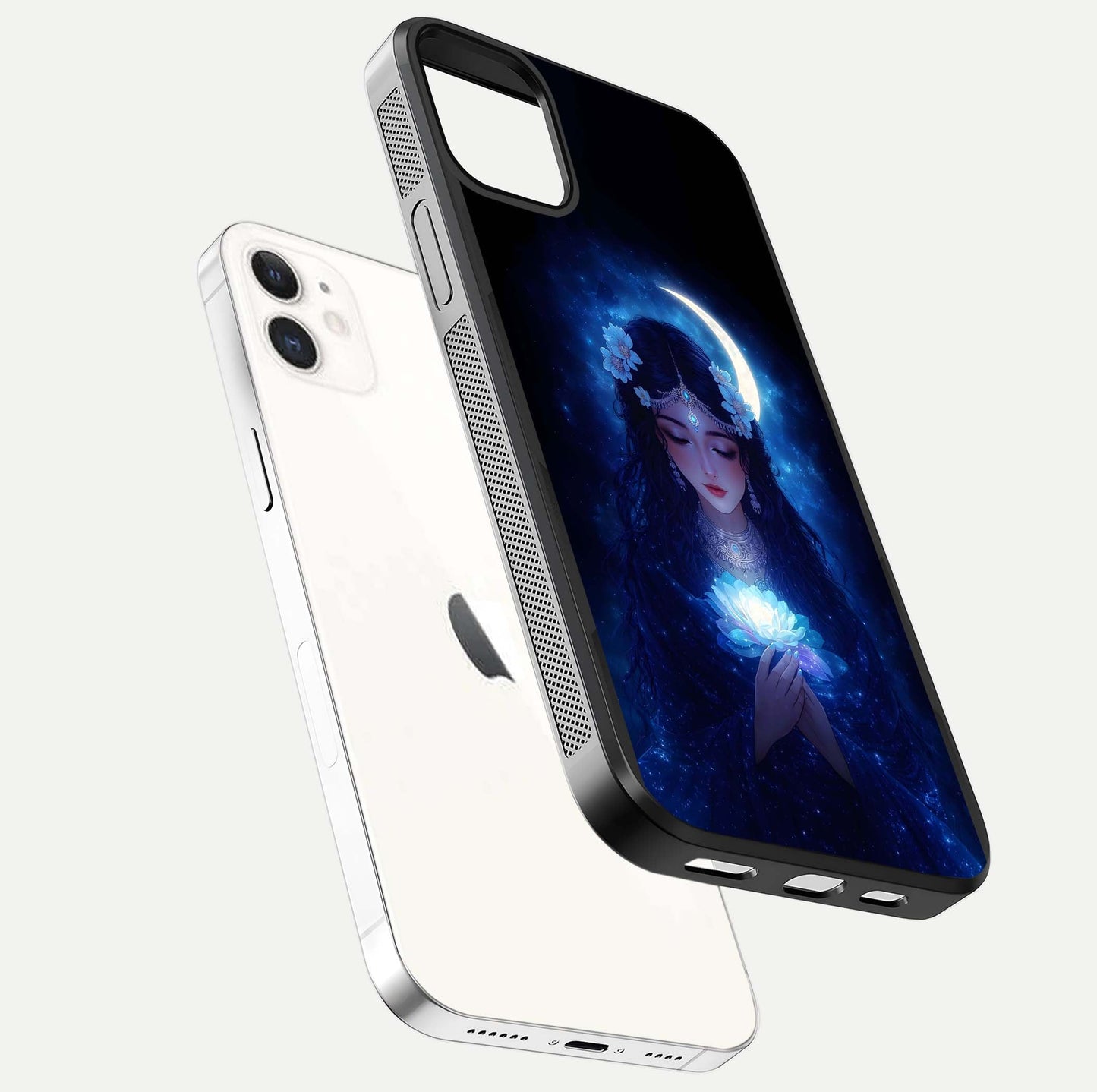 Mystic Moon Queen Glass Case for iPhone 12 Mini floating dual-view mockup showing HD gloss and cosmic glow