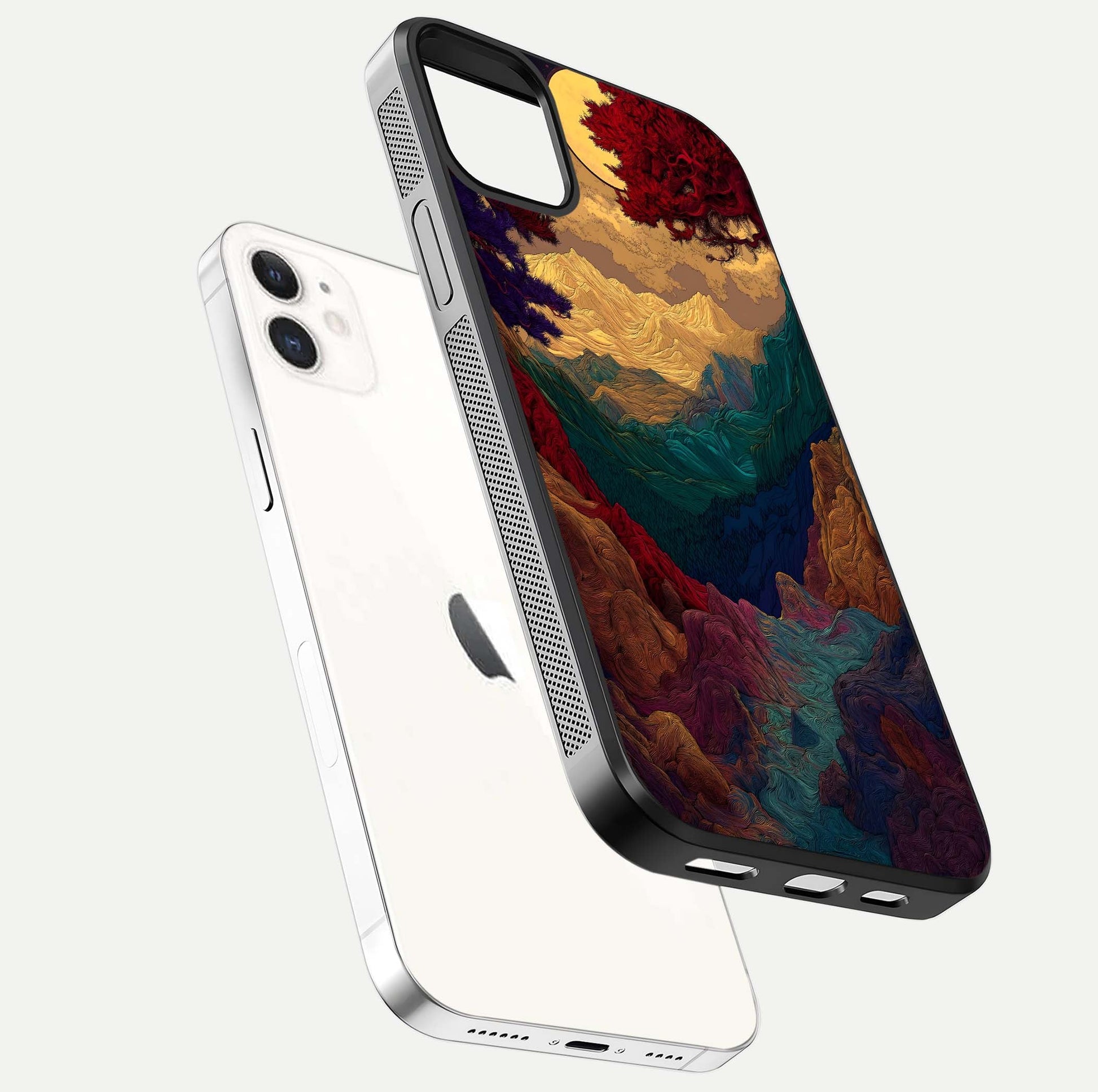 Mystic Valley Light Glass Case for iPhone 12 Mini floating dual-view mockup showing HD gloss and light blend