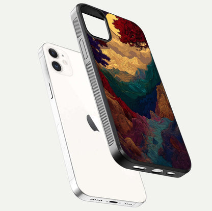 Mystic Valley Light Glass Case for iPhone 12 Mini floating dual-view mockup showing HD gloss and light blend