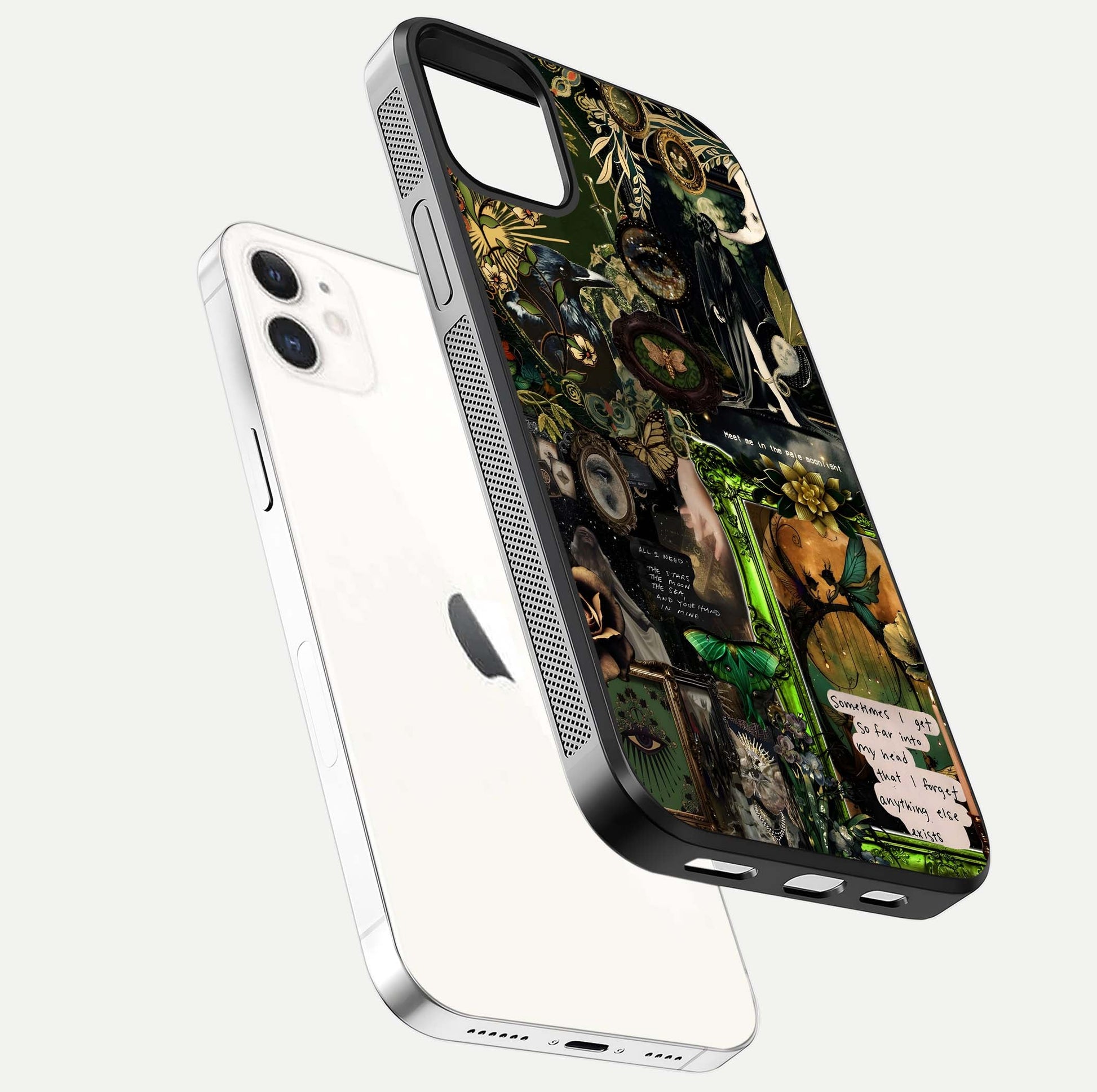 Mystic Woods Secret Glass Case for iPhone 12 Mini floating dual-view mockup showing HD shine and depth