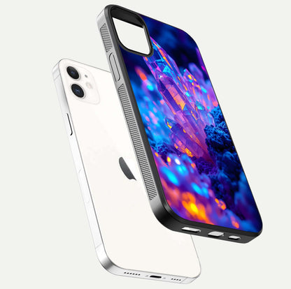 Neon Aura Shards Glass Case for iPhone 12 Mini floating dual-view mockup showing HD shine and shard texture