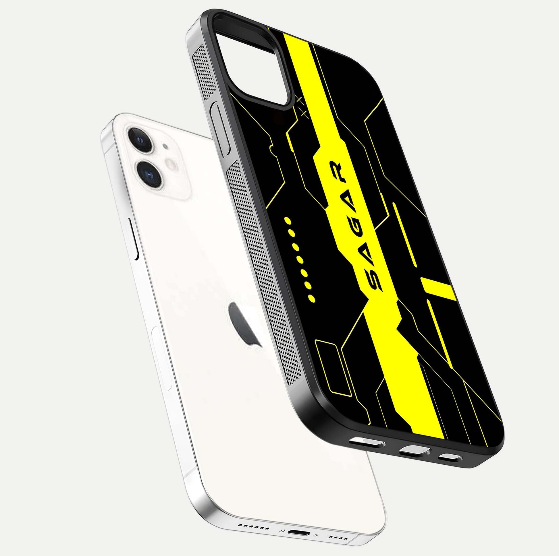Neon CYBERPUNK Custom Name Glass Case for iPhone 12 Mini floating dual-view mockup showing HD shine and neon lines