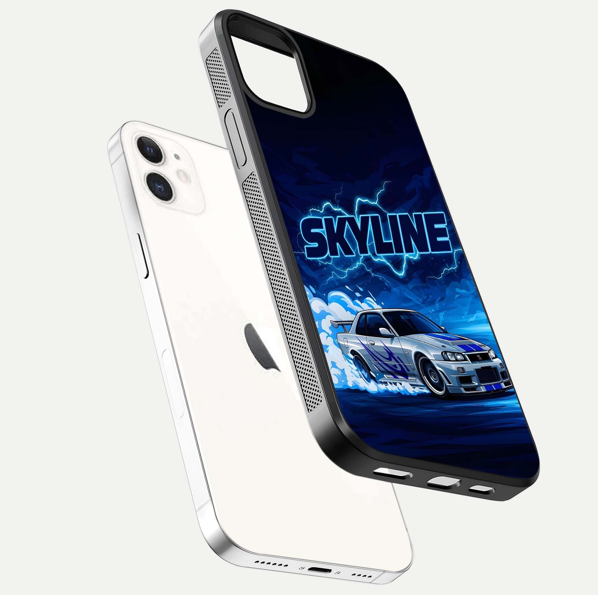 Neon Drift Beast Glass Case for iPhone 12 Mini floating dual-view mockup showing gloss texture and motion glow