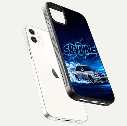 Neon Drift Beast Glass Case for iPhone 12 Mini floating dual-view mockup showing gloss texture and motion glow