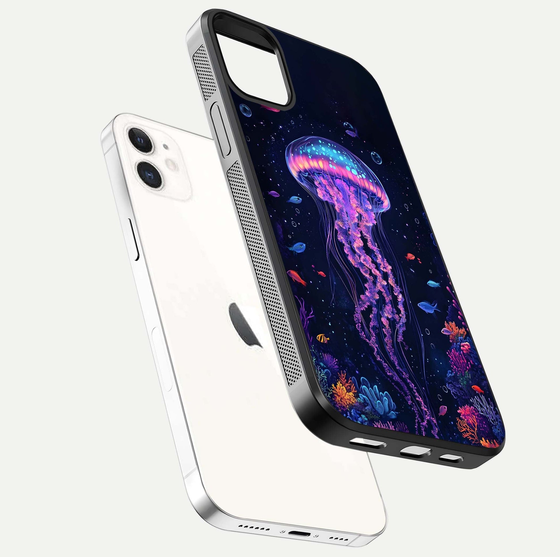 Neon Jellyfish Glass Case for iPhone 12 Mini floating dual-view mockup showing gloss texture and underwater glow