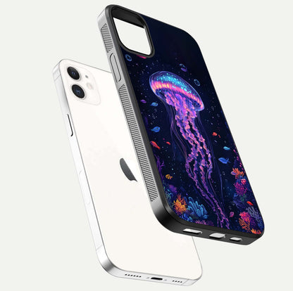 Neon Jellyfish Glass Case for iPhone 12 Mini floating dual-view mockup showing gloss texture and underwater glow