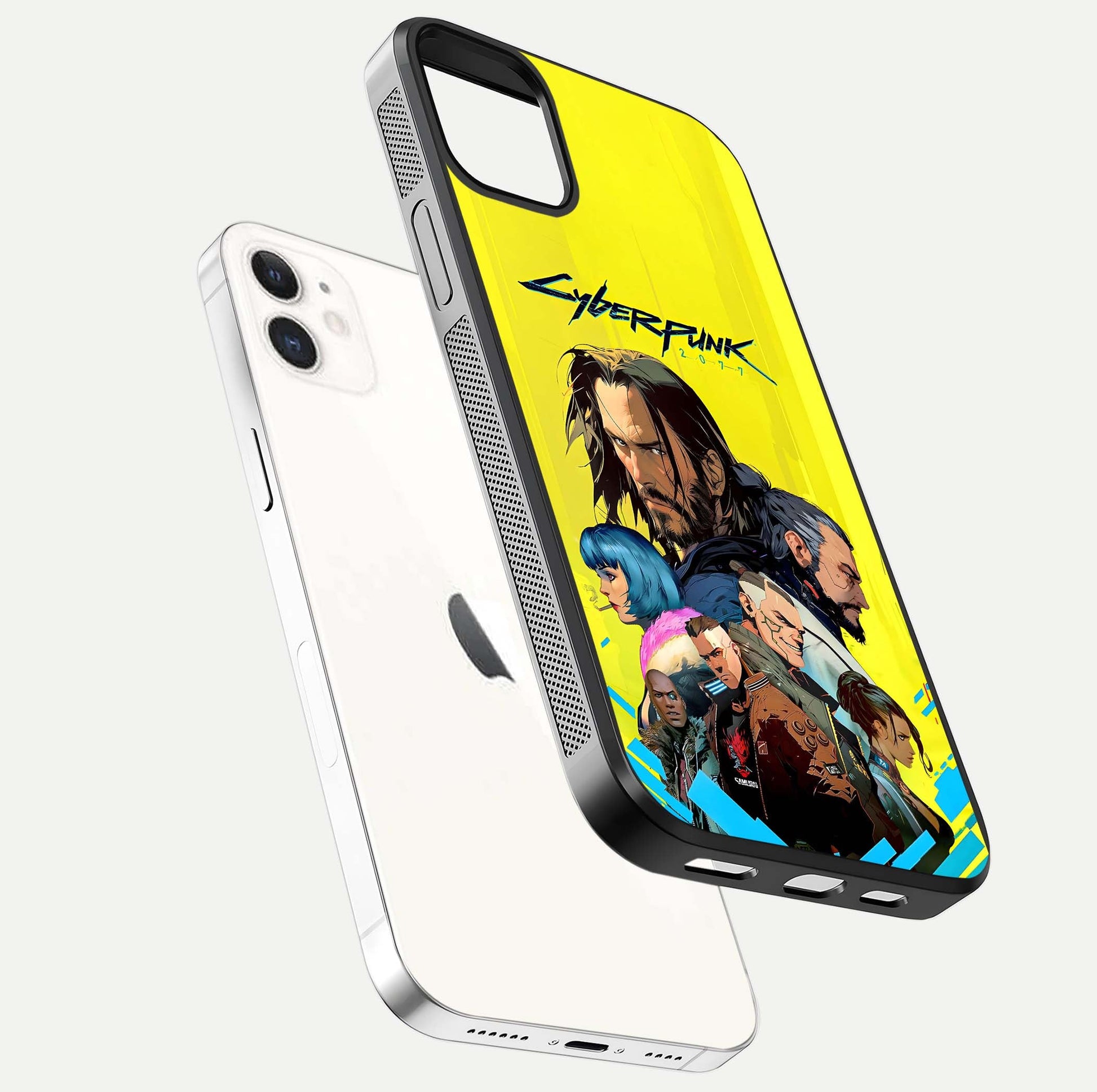 Neon Rebel Genesis Glass Case for iPhone 12 Mini floating dual-view mockup showing electric glow and depth