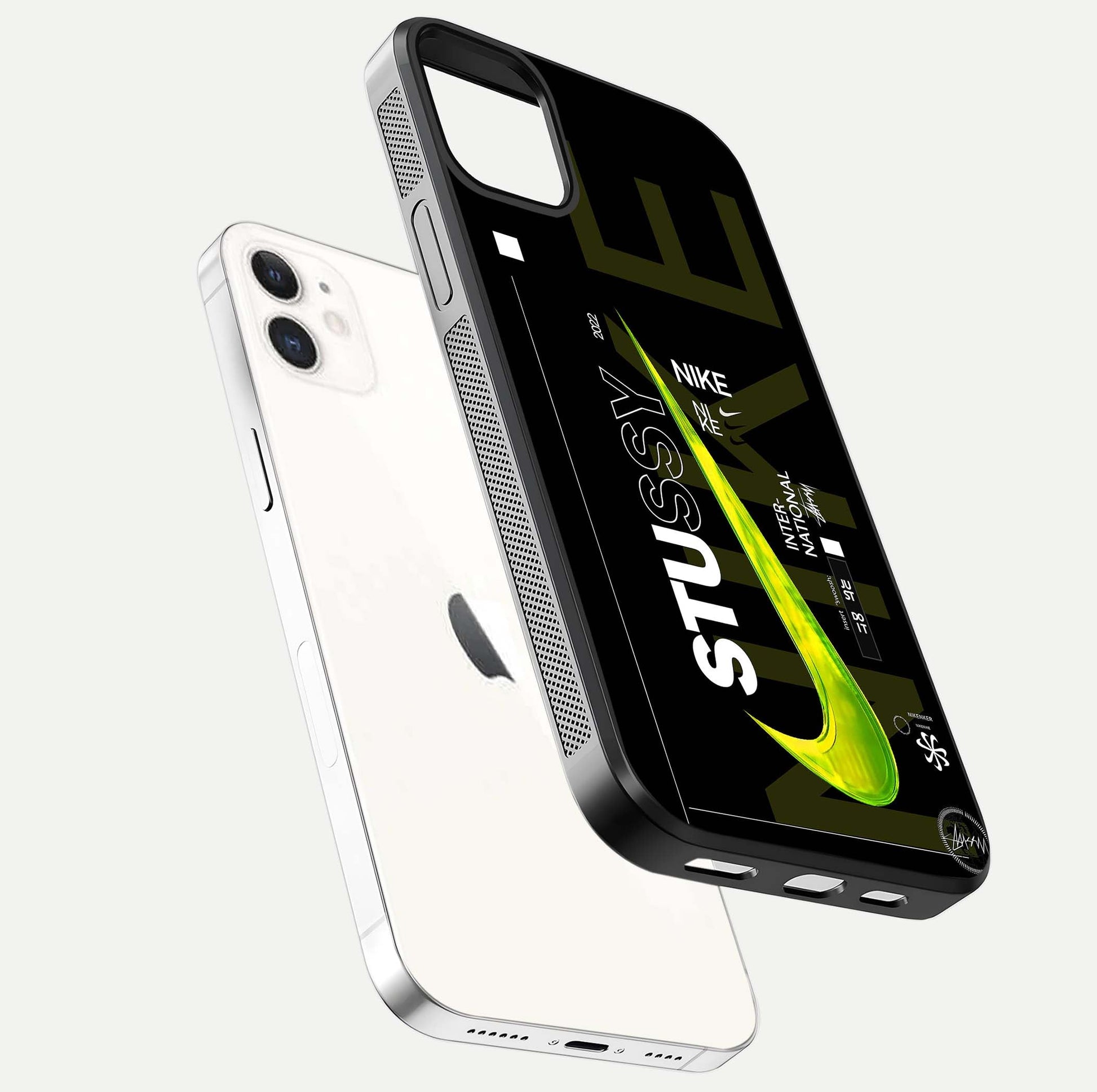 Neon Street Edition Glass Case for iPhone 12 Mini floating dual-view mockup showing HD gloss and neon glow
