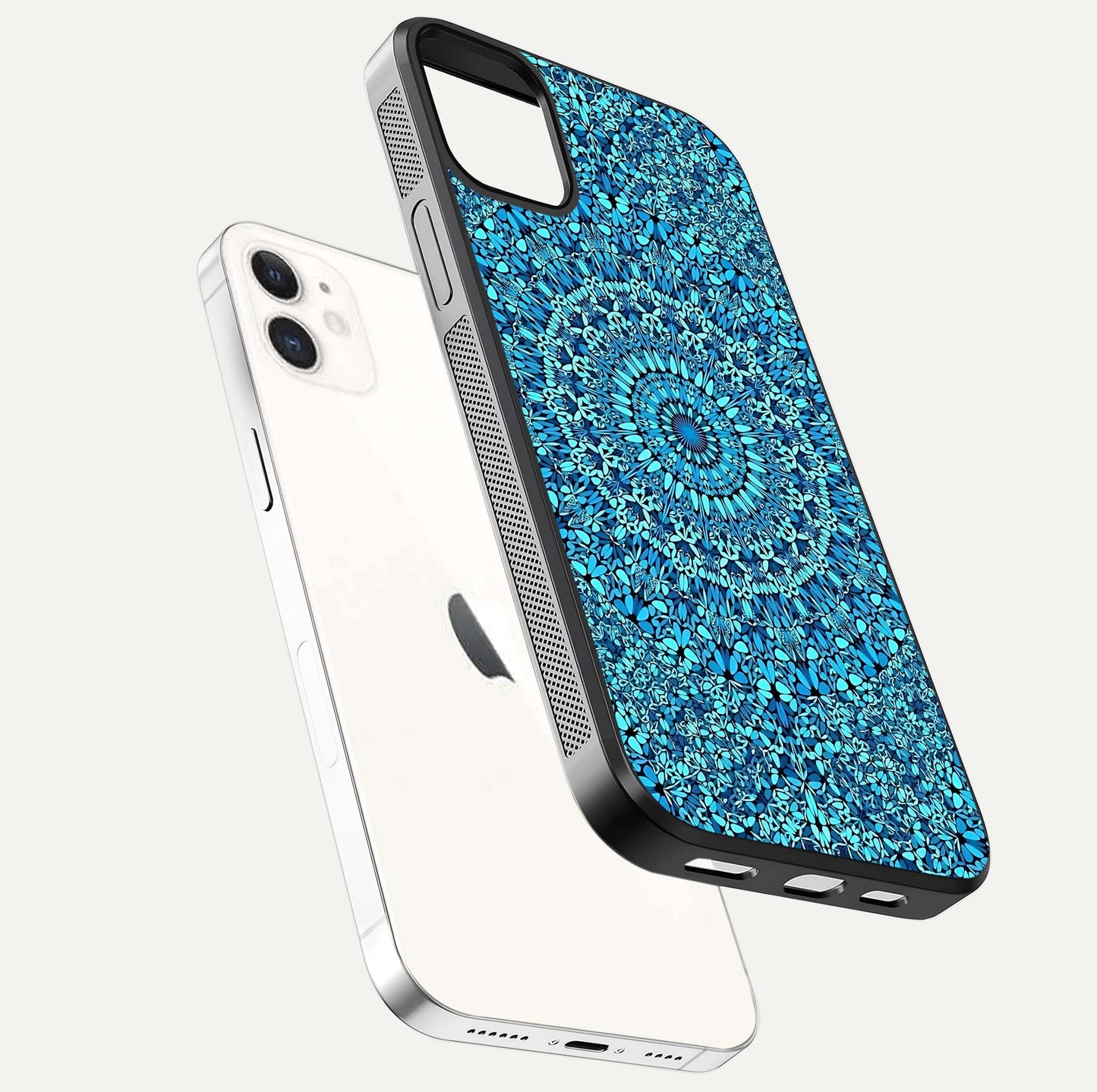 Ocean Bloom Mandala Glass Case for iPhone 12 Mini floating dual-view mockup showing gloss texture and print depth