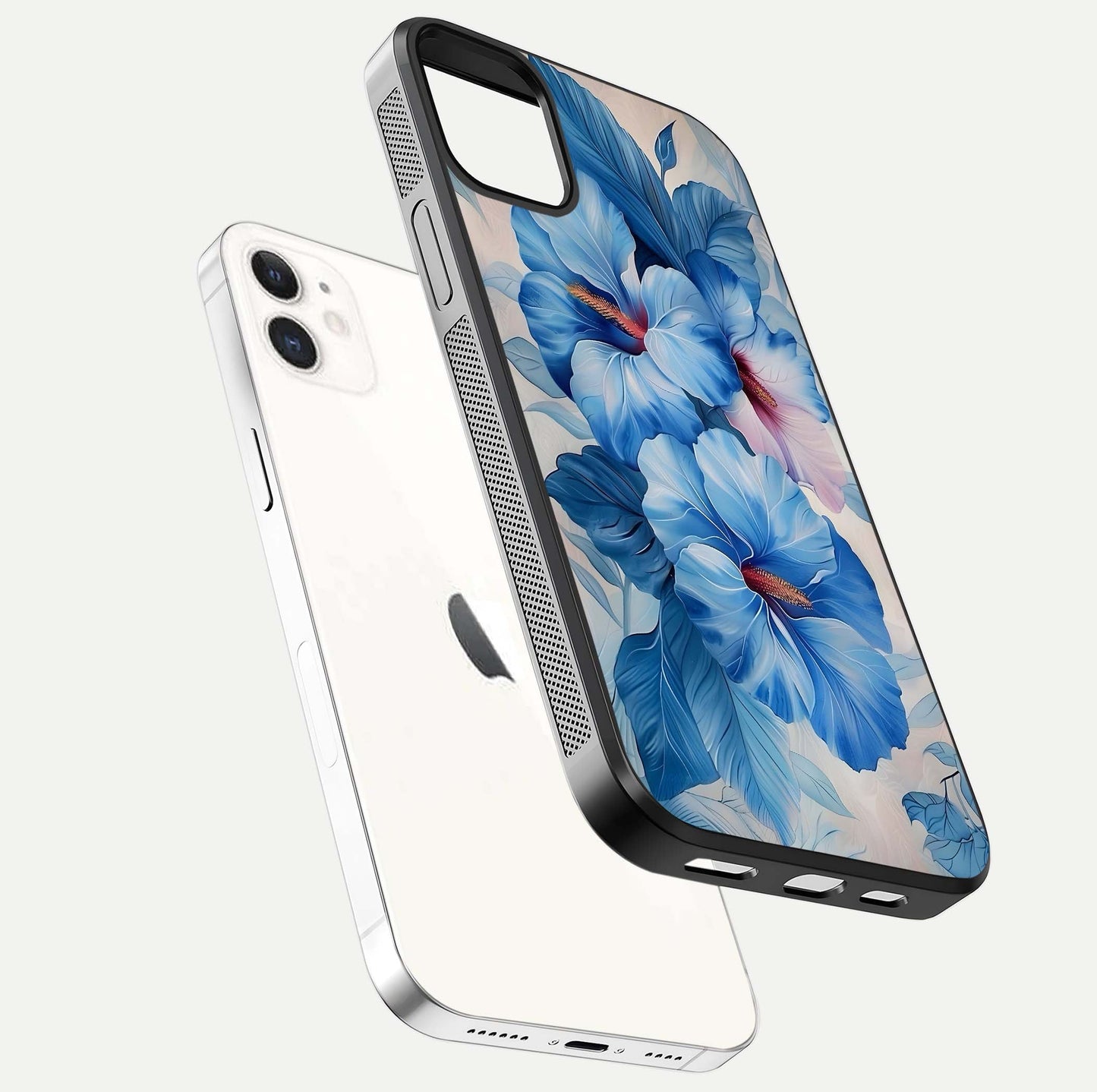 Ocean Hibiscus Grace Glass Case for iPhone 12 Mini floating dual-view mockup showing gloss reflection and print clarity
