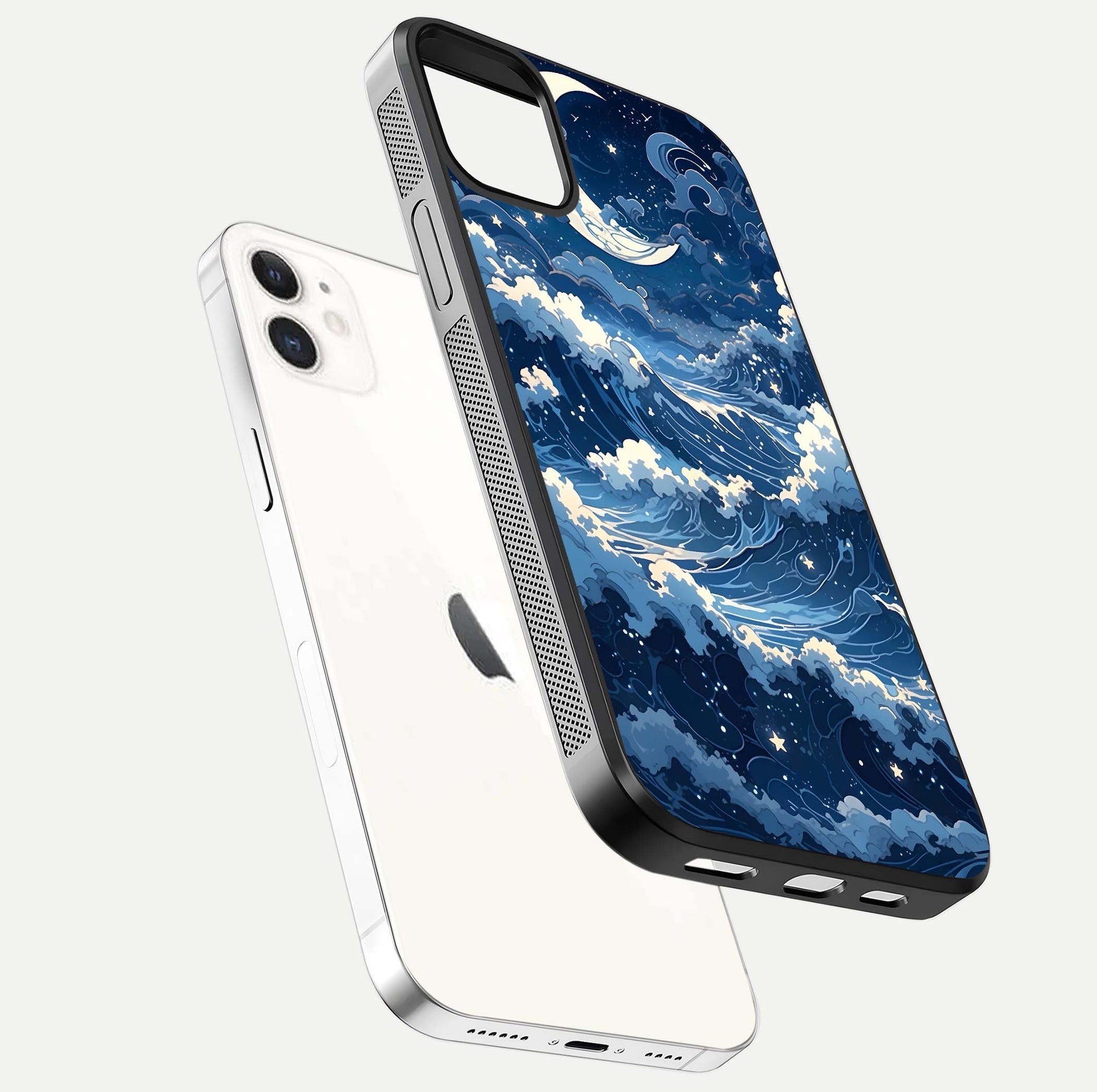 Ocean Moon Waves Glass Case for iPhone 12 Mini floating dual-view mockup showing gloss texture and moon glow