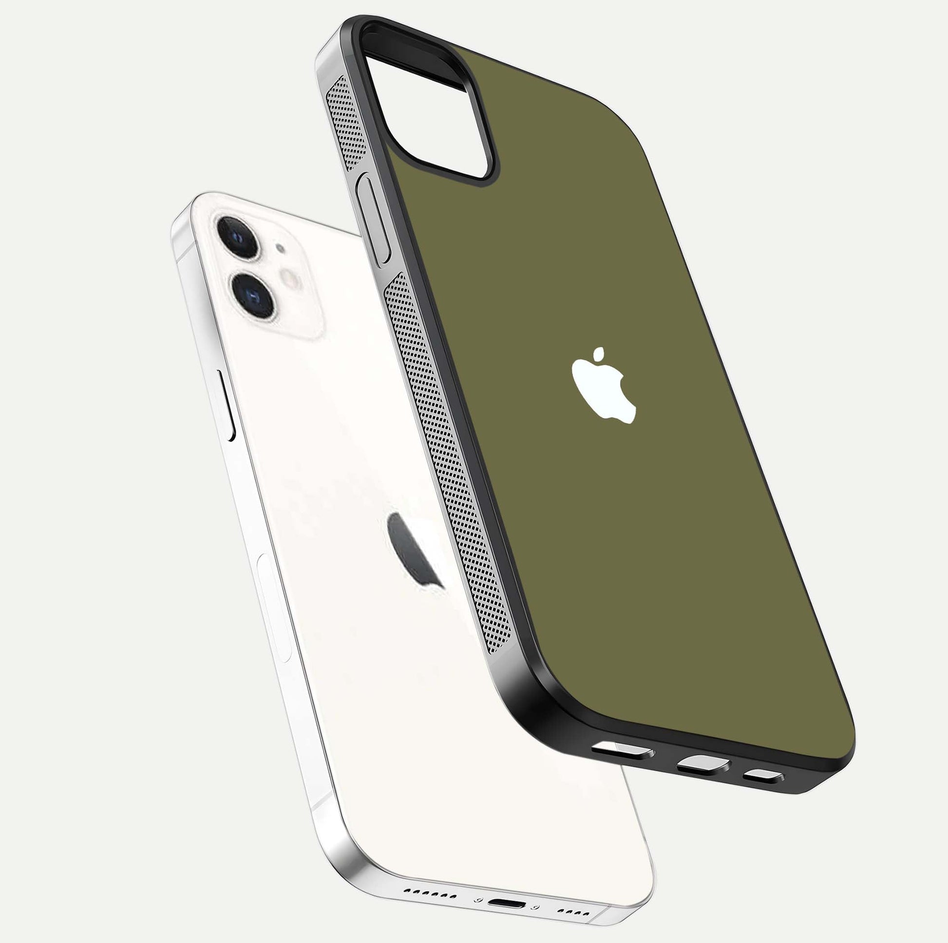 Olive Matte Essence Glass Case for iPhone 12 Mini floating dual-view mockup showing matte gloss and depth