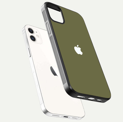 Olive Matte Essence Glass Case for iPhone 12 Mini floating dual-view mockup showing matte gloss and depth