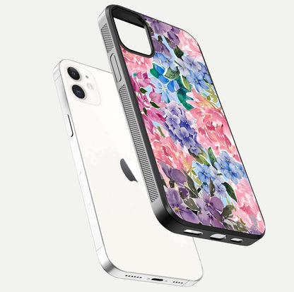Pastel Floral Mix Glass Case for iPhone 12 Mini floating dual-view mockup showing HD gloss and floral texture