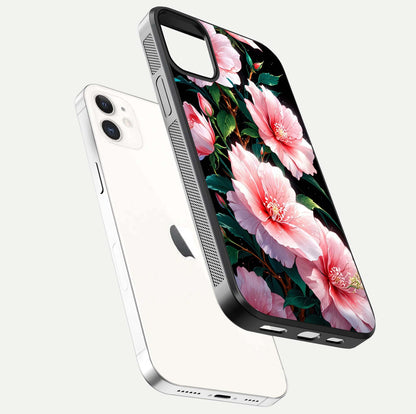 Peach Flower Glass Case for iPhone 12 Mini floating dual-view mockup displaying shine and delicate flower art
