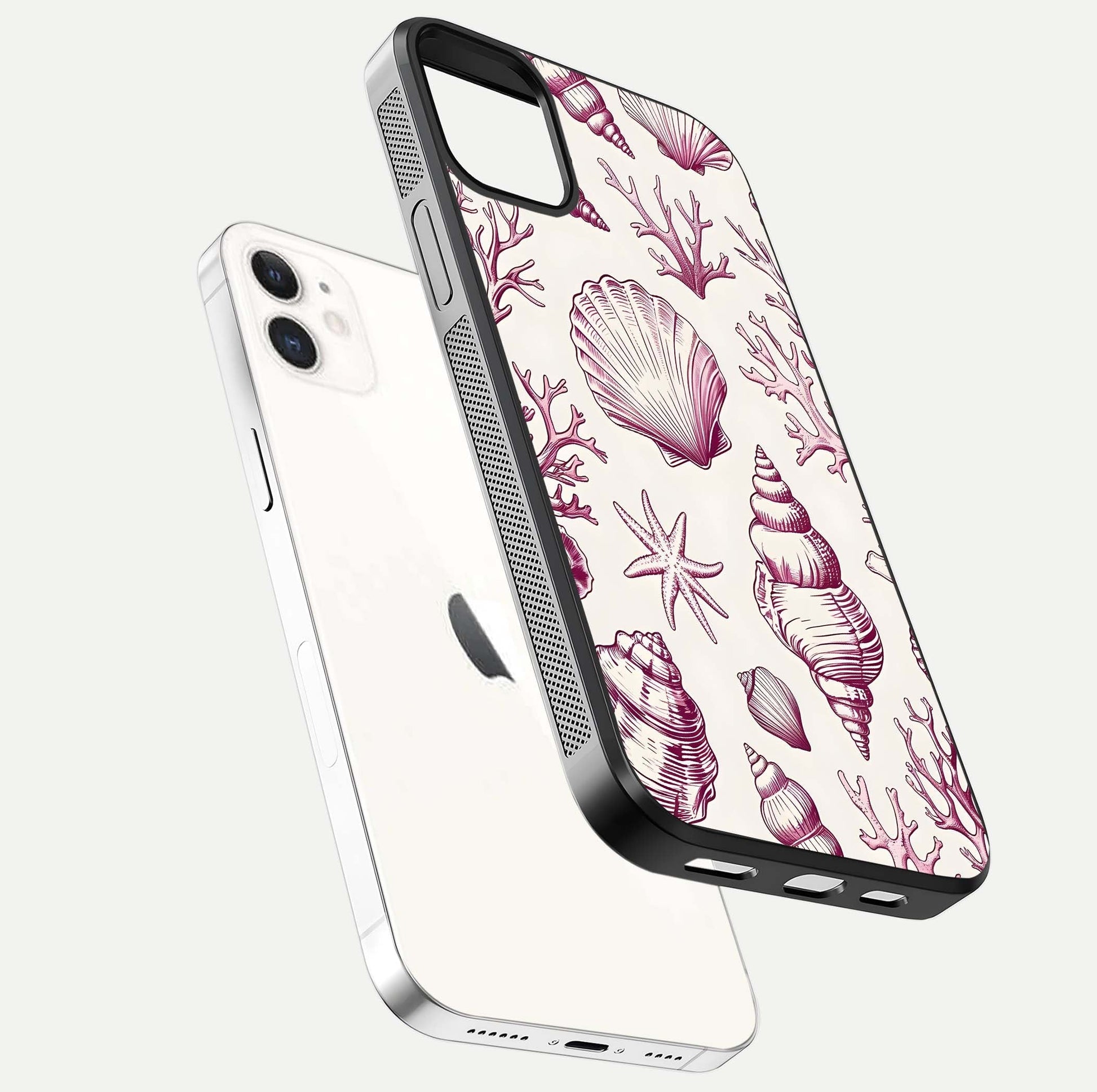 Pink Shells Outline Glass Case for iPhone 12 Mini floating dual-view mockup displaying gloss and ocean vibe