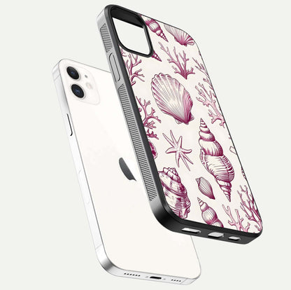Pink Shells Outline Glass Case for iPhone 12 Mini floating dual-view mockup displaying gloss and ocean vibe