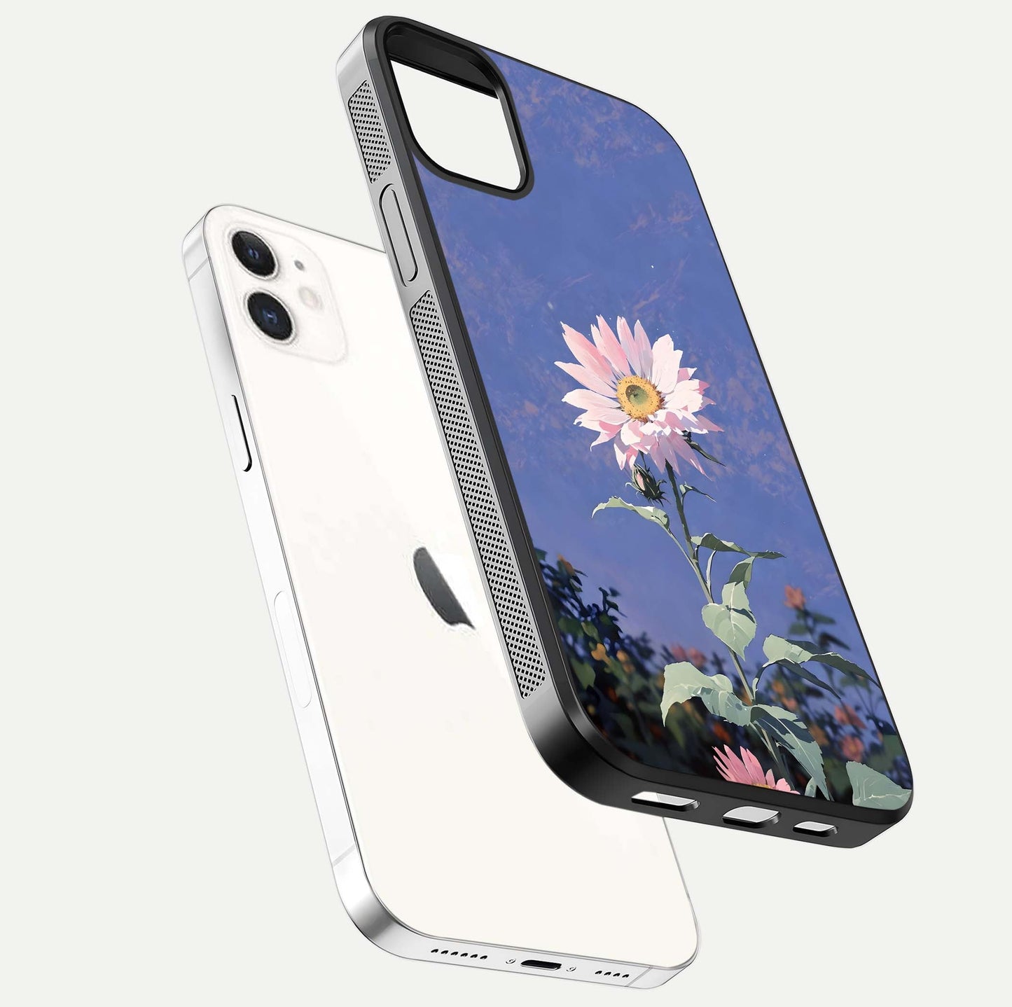 Pink Sunflower Glow Glass Case for iPhone 12 Mini floating dual-view mockup showing gloss reflection and design depth