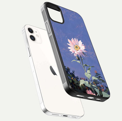Pink Sunflower Glow Glass Case for iPhone 12 Mini floating dual-view mockup showing gloss reflection and design depth