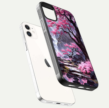 Pinkish Scenery Glass Case for iPhone 12 Mini floating dual-view mockup displaying gloss shine and artistic tone
