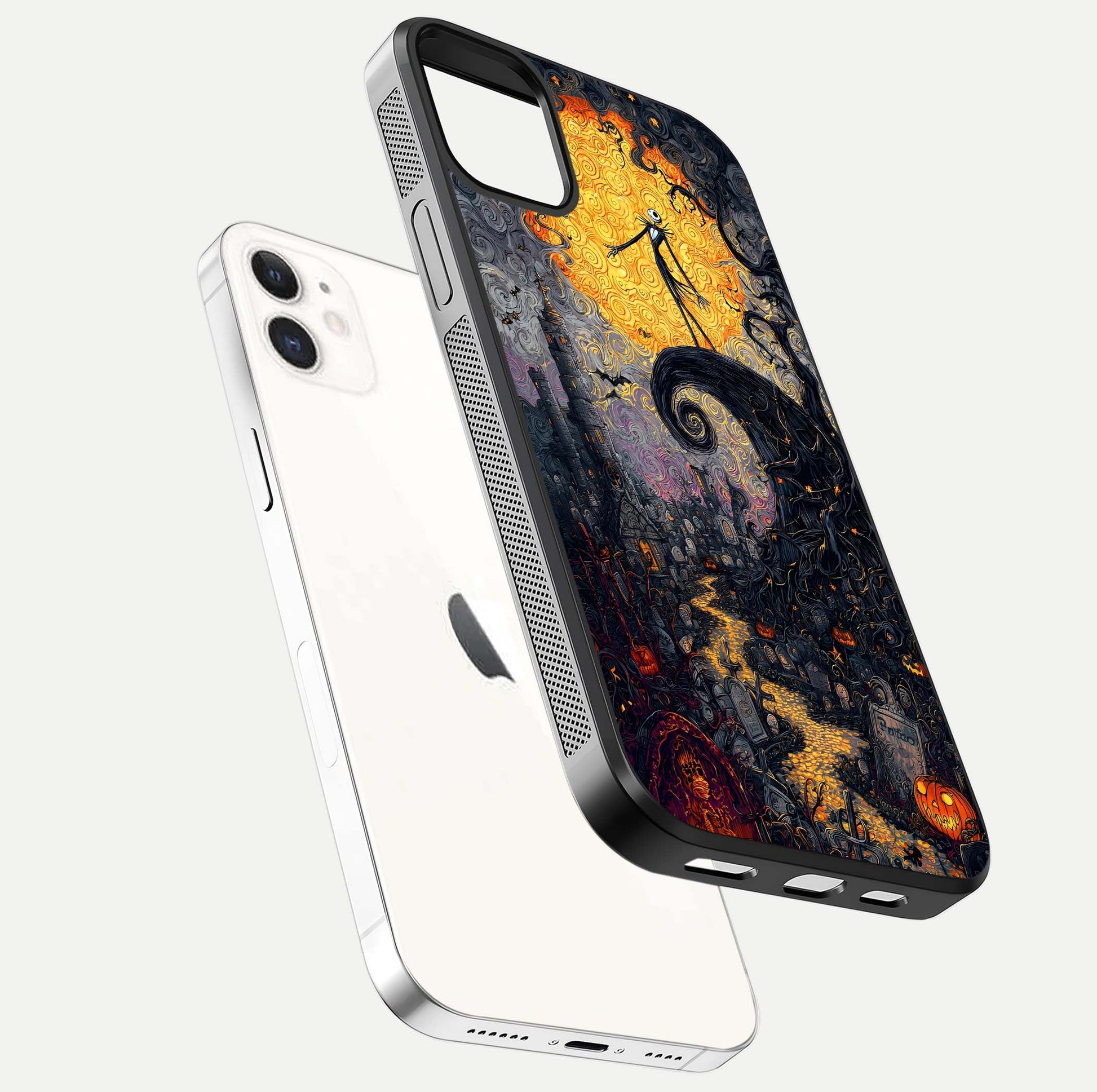 Pumpkin Moon Night Glass Case for iPhone 12 Mini floating dual-view mockup showing HD gloss and spooky detail