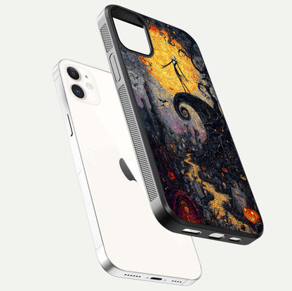 Pumpkin Moon Night Glass Case for iPhone 12 Mini floating dual-view mockup showing HD gloss and spooky detail