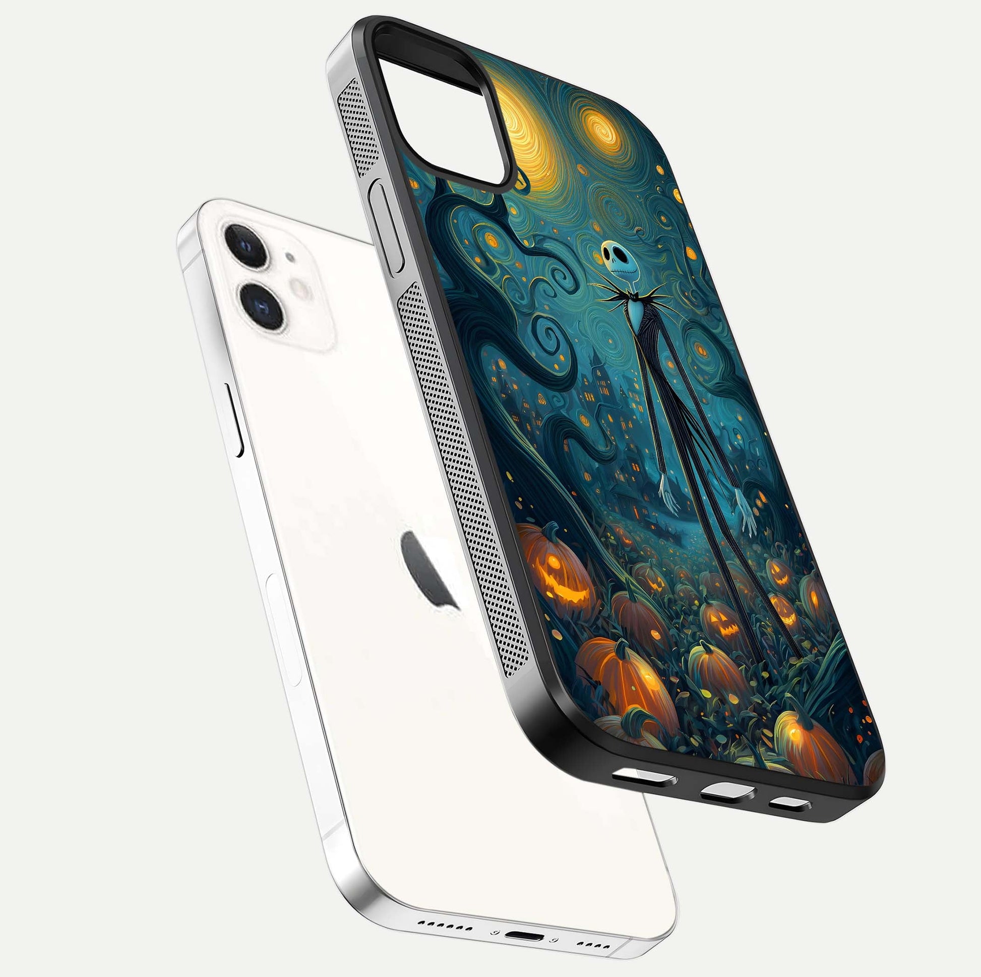 Pumpkin Moonlight Tale Glass Case for iPhone 12 Mini floating dual-view mockup showing HD gloss and eerie design