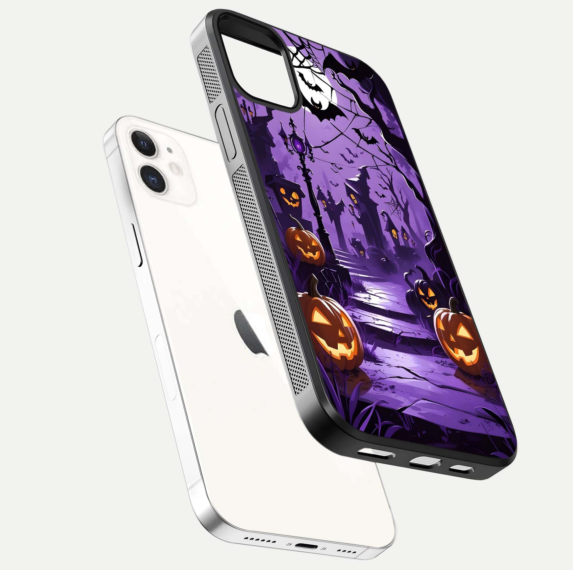 Pumpkin Patch Halloween Glass Case for iPhone 12 Mini floating dual-view mockup displaying gloss and dark tone
