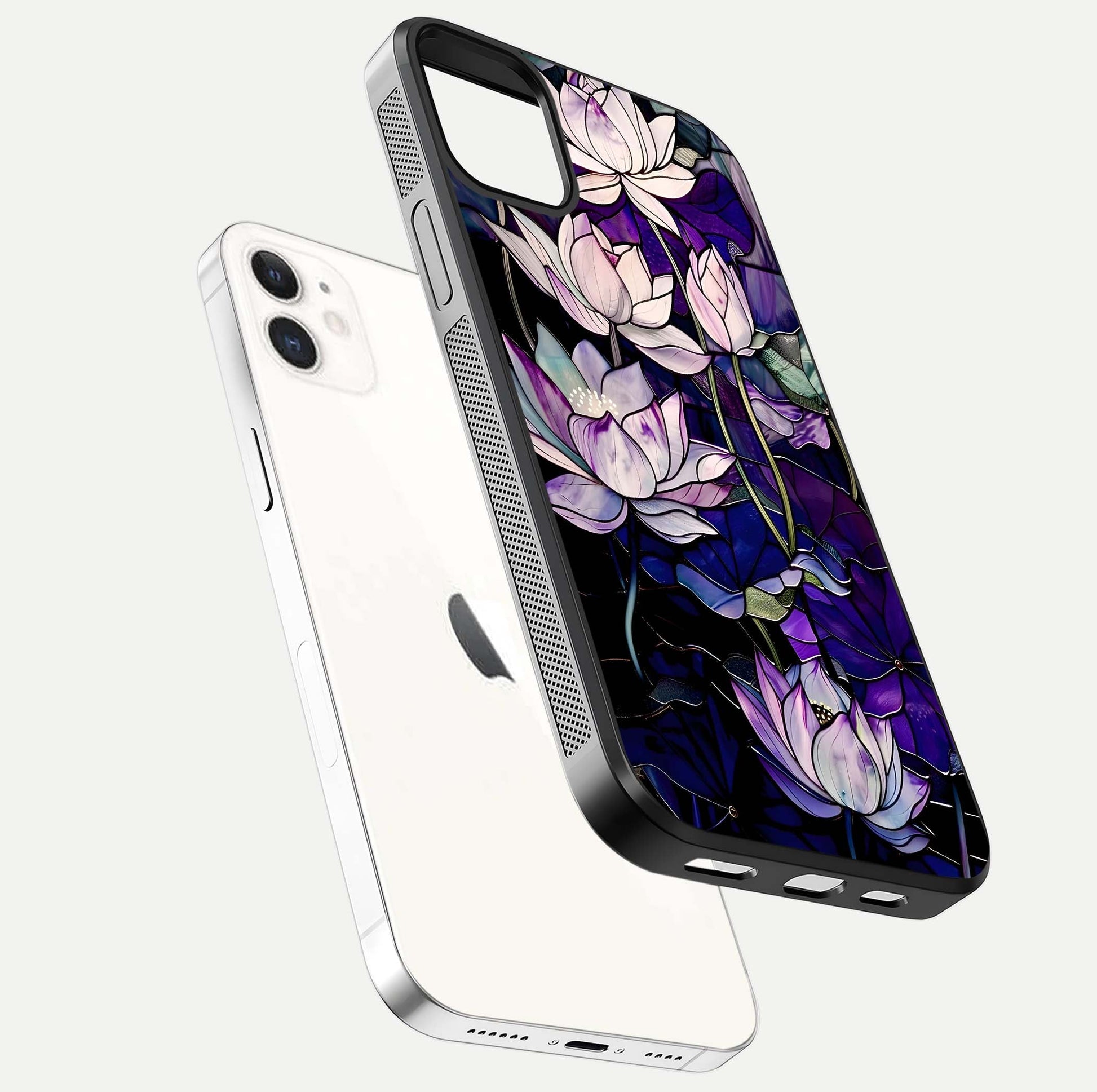 Purple Lotus Pattern Glass Case for iPhone 12 Mini floating dual-view mockup showing glass shine and vivid purple hue