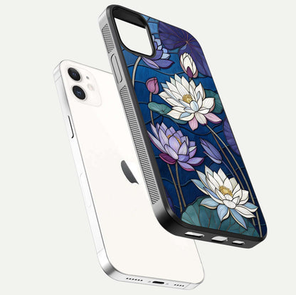 Purple Lotus Stained Glass Case for iPhone 12 Mini floating dual-view mockup displaying color depth and glass clarity