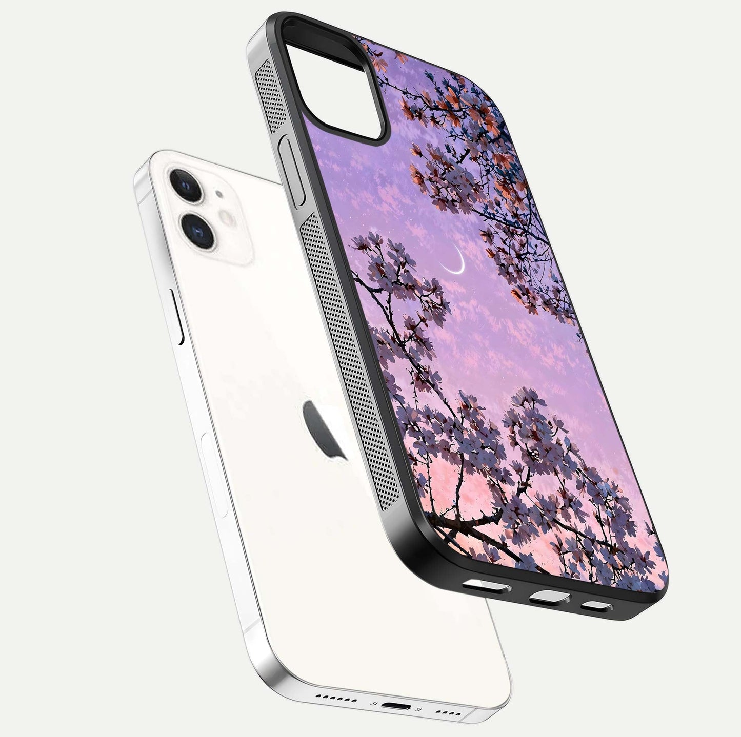 Purple Serenity Moon Glass Case for iPhone 12 Mini floating dual-view mockup showing gloss and cosmic detail