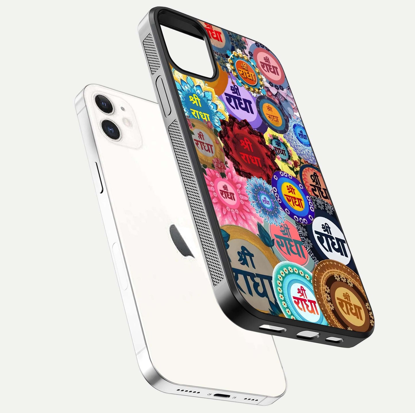 Radha Divine Bloom Glass Case for iPhone 12 Mini floating dual-view mockup showing gloss depth and HD art