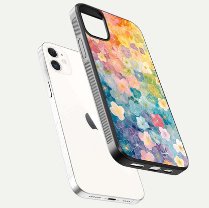 Rainbow Blossom Burst Glass Case for iPhone 12 Mini floating dual-view mockup displaying gloss and gradient pattern