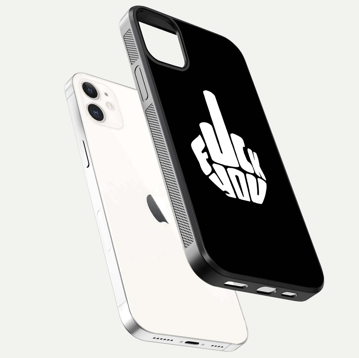 Rebel Mode On Glass Case for iPhone 12 Mini floating dual-view mockup displaying gloss shine and statement art