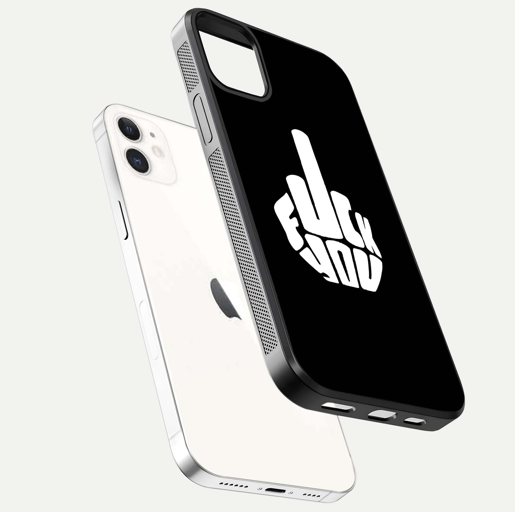 Rebel Mode On Glass Case for iPhone 12 Mini floating dual-view mockup displaying gloss shine and statement art