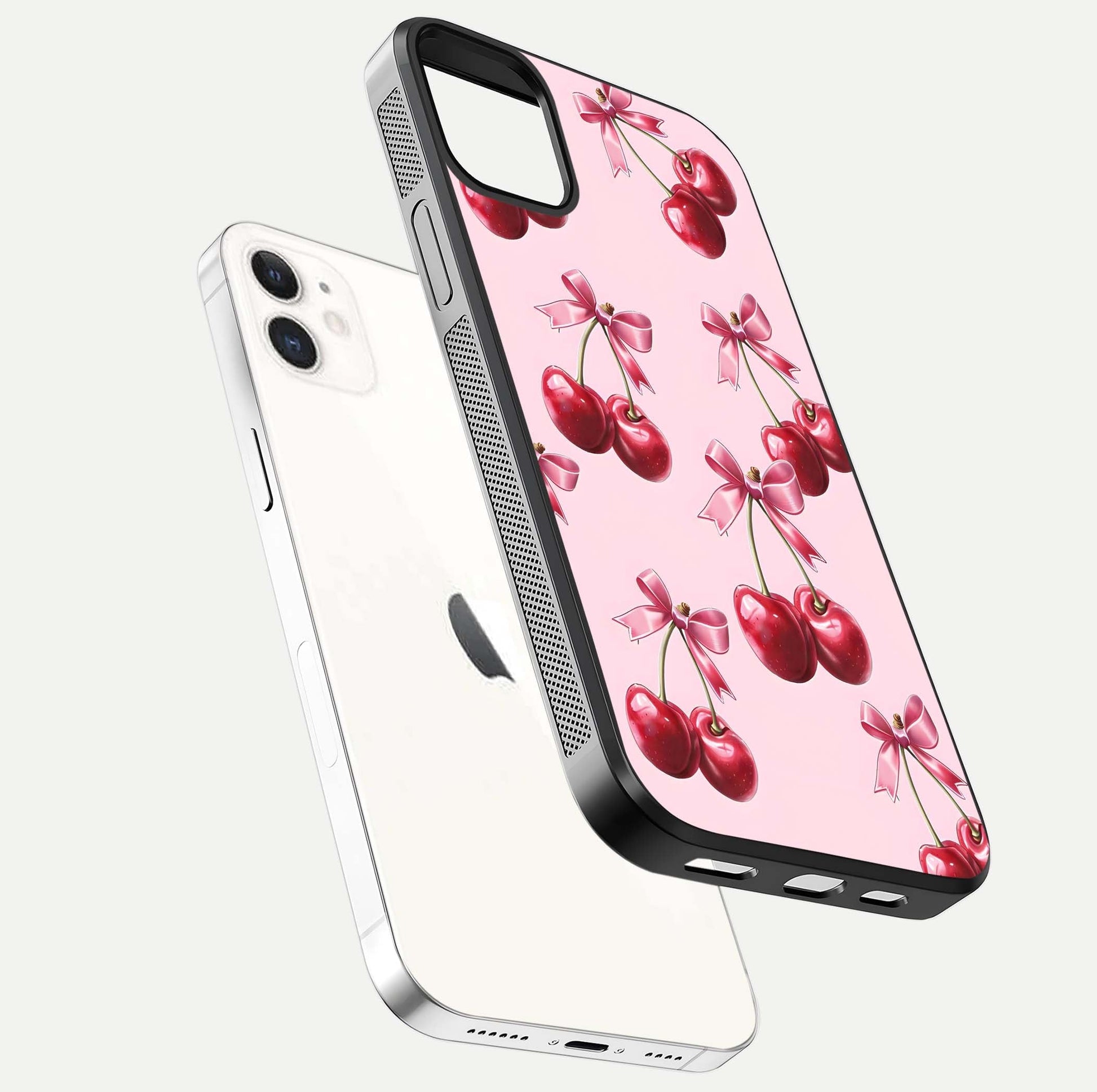 Red Cherries Pattern Glass Case for iPhone 12 Mini floating dual-view mockup showing gloss and color contrast
