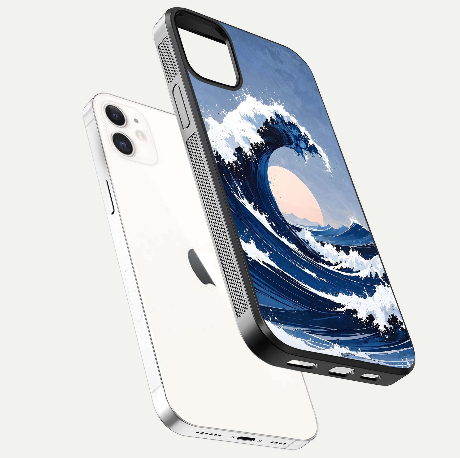 Rising Tide Power Glass Case for iPhone 12 Mini floating dual-view mockup displaying gloss texture and flow pattern