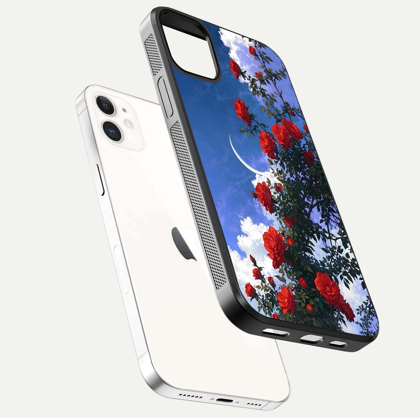 Rose Drift Flowers Glass Case for iPhone 12 Mini floating dual-view mockup showing gloss shine and floral tone