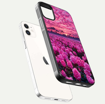 Rose Sunset Valley Glass Case for iPhone 12 Mini floating dual-view mockup showing gloss reflection and art depth