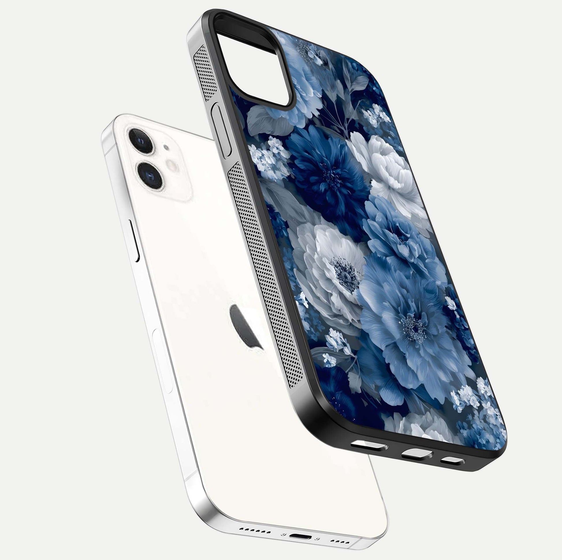 Royal Bloom Garden Glass Case for iPhone 12 Mini floating dual-view mockup displaying gloss and print clarity