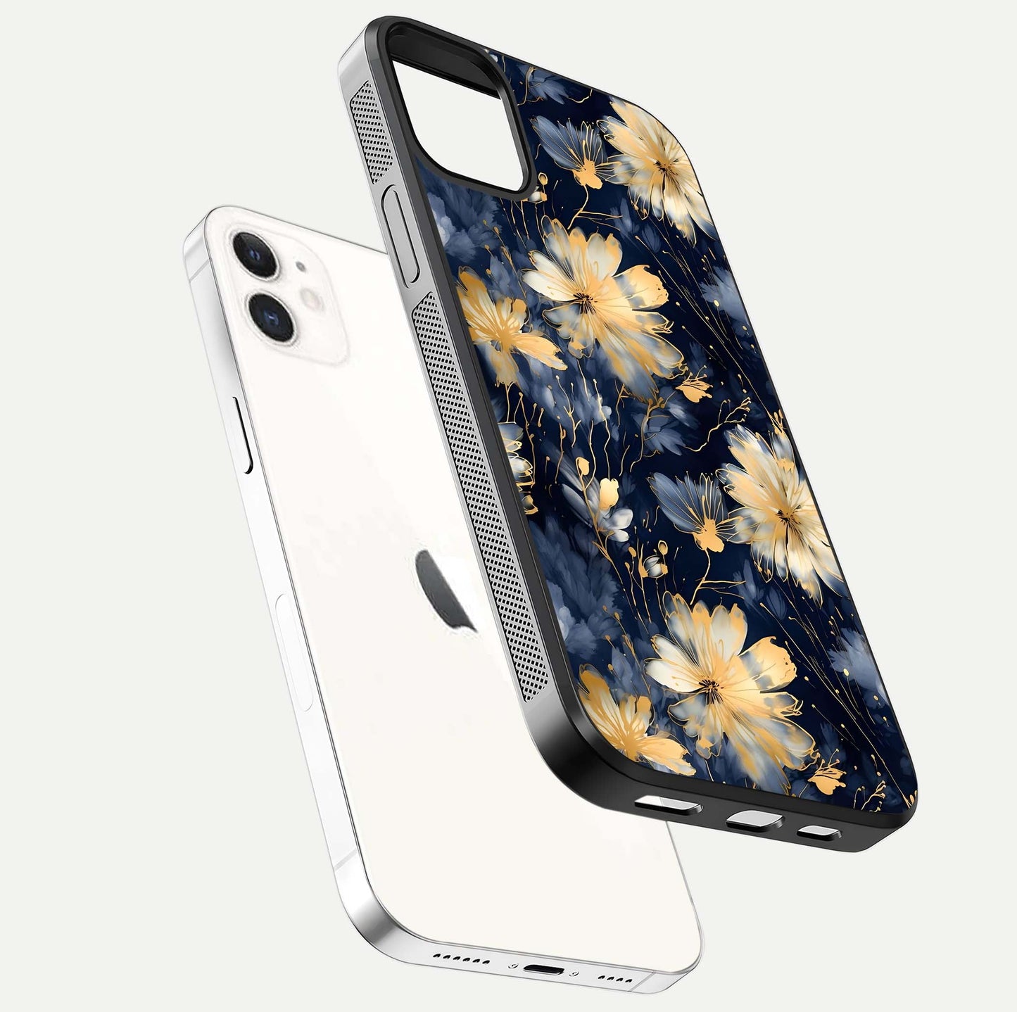 Royal Petal Dream Glass Case for iPhone 12 Mini floating dual-view mockup displaying gloss reflection and tone contrast