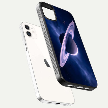 Saturn Ring Mystique Glass Case for iPhone 12 Mini floating dual-view mockup showing gloss finish and star detail